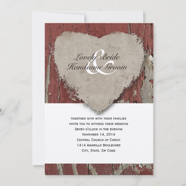 Red Barn Wood Country Rustic Heart Wedding Invitation (Front)