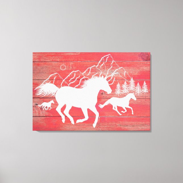 Red Barn Wood Galloping Horses Silhouette Canvas Print (Front)