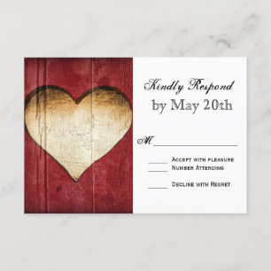 Red Barn Wood Heart Country Wedding RSVP Cards