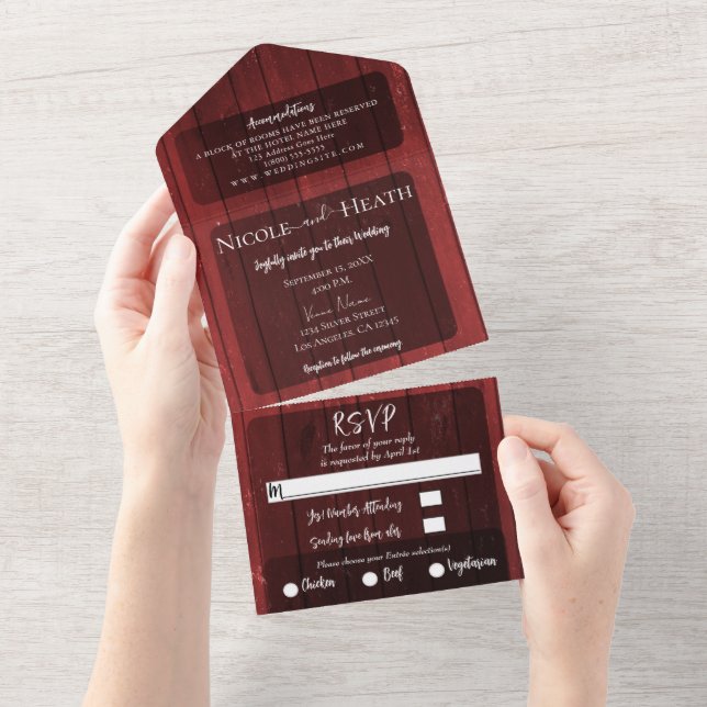 Red Barn Wood Rustic Country Wedding   All In One Invitation (Tearaway)