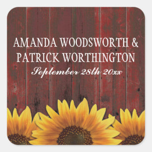 Red Barn Wood Rustic Sunflower Wedding Favours Square Sticker
