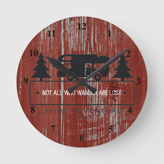 Red Barn Wood | Travel Quote Not All Who Wander Round Clock (Front)