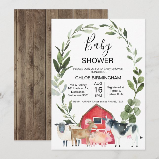 Red Barn Wreath Farm Animals Baby Shower Invitation (Front/Back)