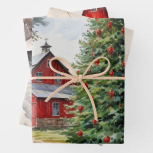 Red Barns Winter On the Old Fashioned Farm Wrapping Paper Sheet