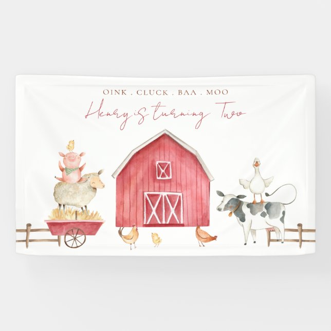 Red Barnyard Animals Kids Birthday Party Banner (Horizontal)