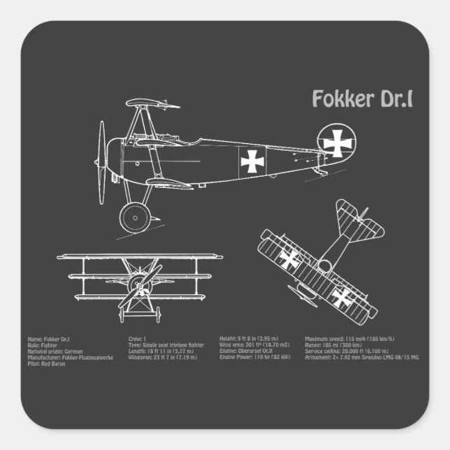 Red Baron Fokker Dr.1 - Aeroplane Blueprint PD Square Sticker (Front)