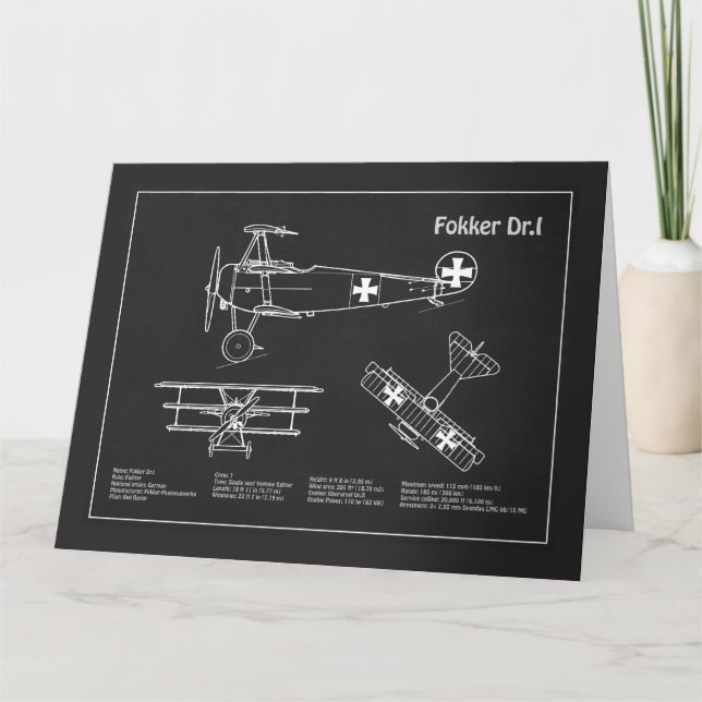 Red Baron Fokker Dr.1 - Aeroplane Blueprint PD Thank You Card (Front)