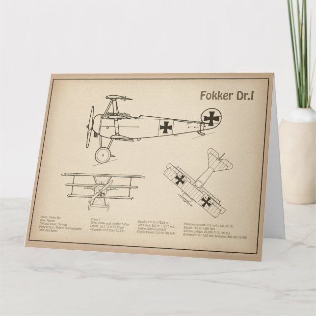 Red Baron Fokker Dr.1 - Aeroplane Blueprint SD Thank You Card (Front)