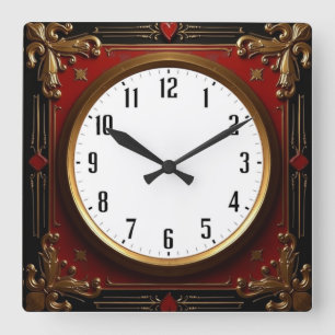Red Baroque Square Wall Clock