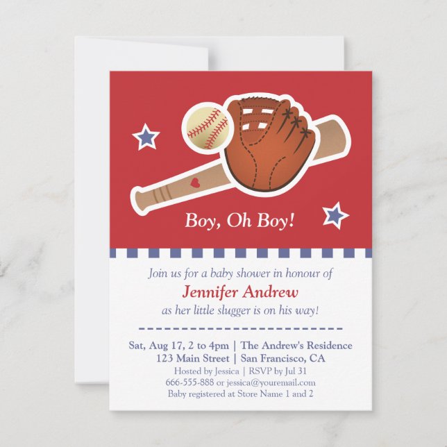 Red baseball baby shower party invitation (Front)