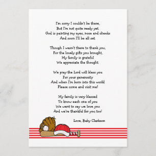 Red Baseball Baby Shower Thank you note with poem