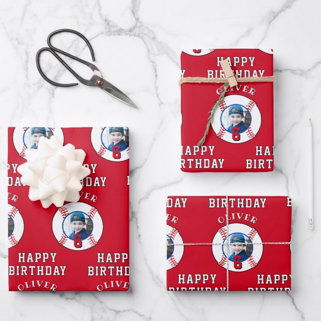 Red Baseball Ball Kids Birthday Photo Wrapping Paper Sheet (Front)