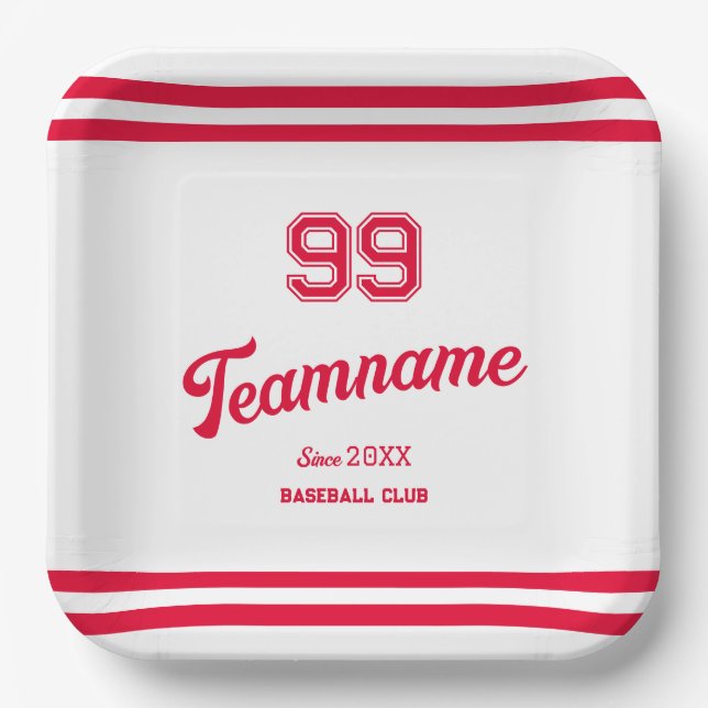 Red Baseball Club Custom Player Number & TeamName Paper Plate (Front)