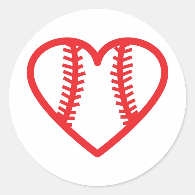 red baseball heart love classic round sticker (Front)