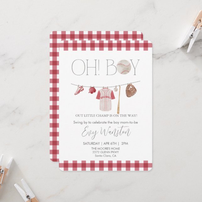 Red baseball Oh, boy baby shower invitation (Front/Back In Situ)