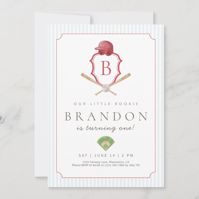 Red Baseball Preppy Crest First Birthday invite (Front)