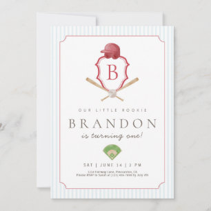 Red Baseball Preppy Crest First Birthday invite