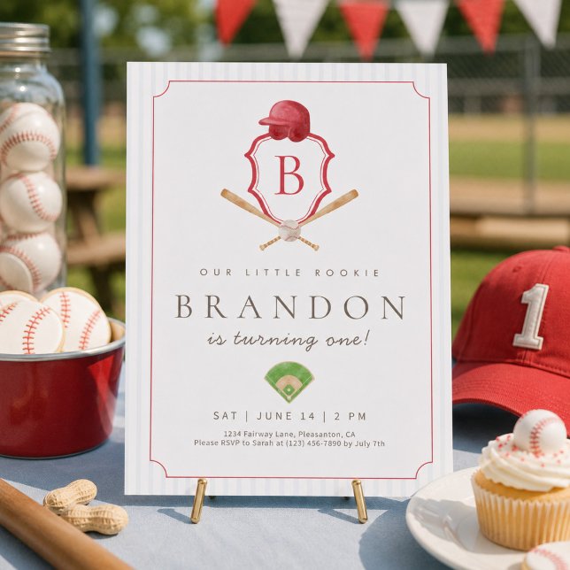 Red Baseball Preppy Crest First Birthday invite (Creator Uploaded)