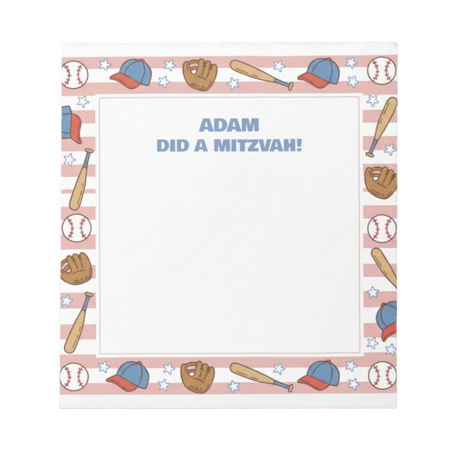 Red Baseball Sport Theme Personalised Mitzvah  Notepad (Front)