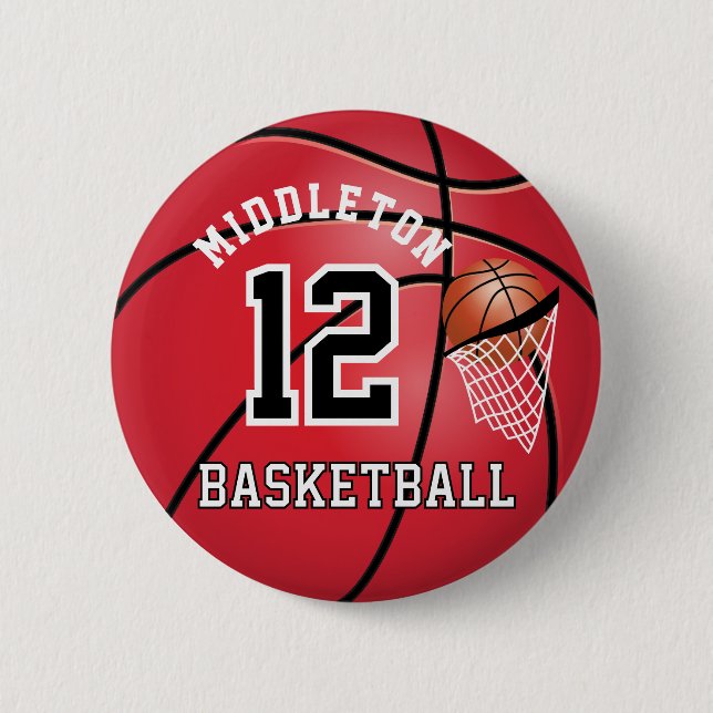 Red Basketball 🏀 and Hoop | DIY Text  6 Cm Round Badge (Front)