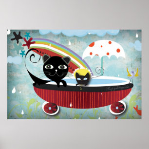 Red Bathtube Black Cat Poster
