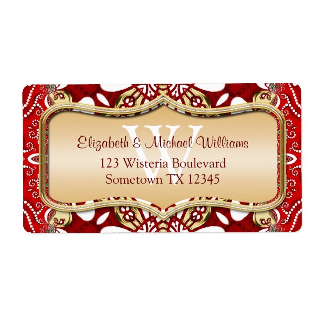 Red Batik Monogram Wedding Address Labels (Front)