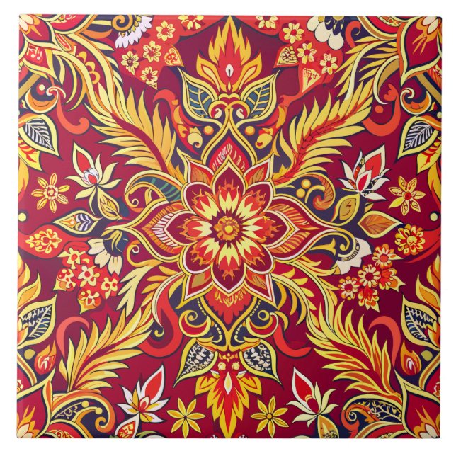 Red Batik Pattern Floral Print Traditional Ethnic Tile (Front)