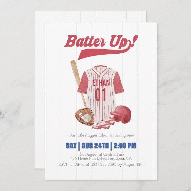 Red Batter Up Baseball First Birthday Invitation (Front/Back)