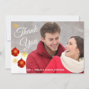 Red Bauble Photo Holiday    Wedding Thank You Card