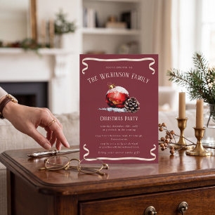 Red bauble pinecone watercolor Christmas party Invitation
