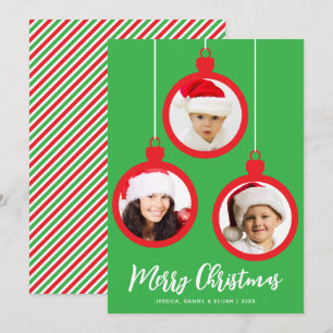 Red Baubles 3 Photos Collage Merry Christmas Green Holiday Card