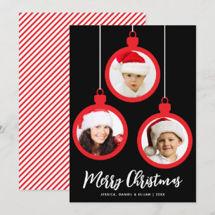 Red Baubles Merry Christmas 3 Photos Collage Black Holiday Card