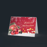 Red baubles, spruce branches German Christmas Holiday Card<br><div class="desc">Christmas red baubles with spruce branches and falling snow Polish Greeting Card. Text in front in German says: Merry Christmas. Inside in German too - Merry Christmas and a Happy New Year.</div>