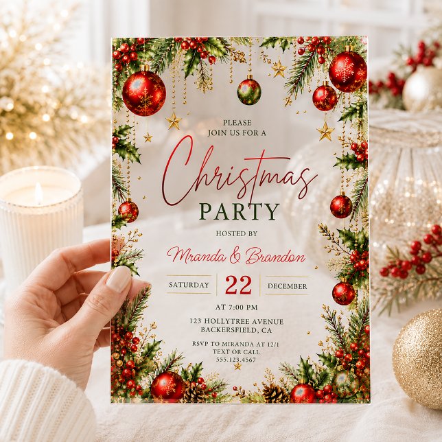 Red Baubles Tree Branches Holly Berries Christmas Acrylic Invitations (Creator Uploaded)
