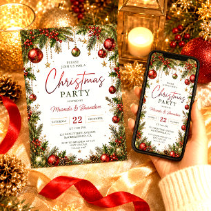 Red Baubles Tree Branches Holly Berries Christmas Invitation