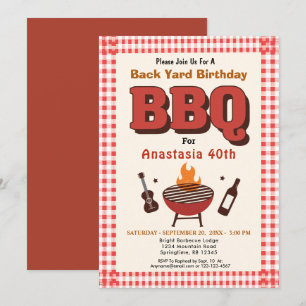 Red BBQ Barbecue Country Western BackYard Birthday Invitation