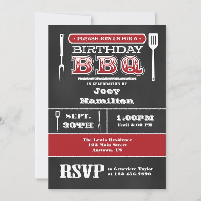 Red BBQ Birthday Chalkboard Invitation (Front)