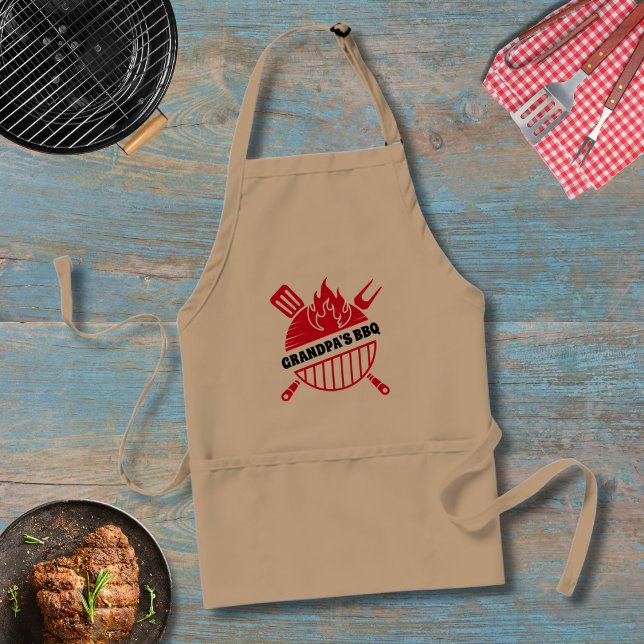 Red BBQ Grill Flame Grilling Utensils With Name  Standard Apron (Father's Day Grill Master Apron )