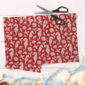 Red Beach Christmas Seahorses Pattern Tissue Paper