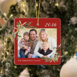 Red Beach Starfish Family Photo Christmas  Ceramic Ornament<br><div class="desc">This beach inspired Christmas ornament with festive red background and white text makes a great annual holiday keepsake, easily customized for a unique gift with the photo and text templates. Holiday watercolor sprigs of holly, pine, and starfish in two corners frame the photo on both sides. Please contact me through...</div>