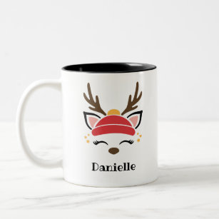 Red Beanie Reindeer Face Personalised Name Holiday Two-Tone Coffee Mug