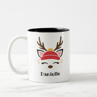 Red Beanie Reindeer Face Personalised Name Holiday Two-Tone Coffee Mug