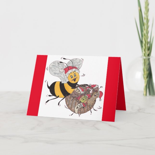 Red 'Bee Merry' Christmas Card (Front)