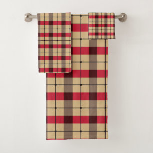 Red, beige and green plaid pattern bath towel set