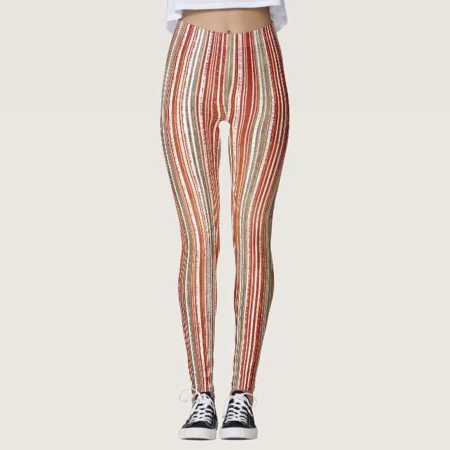 Red, Beige, and White Striped Pattern Leggings (Front)