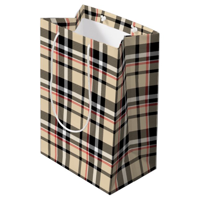 Red Beige Black White Squares Tartan Plaid Pattern Medium Gift Bag (Back Angled)