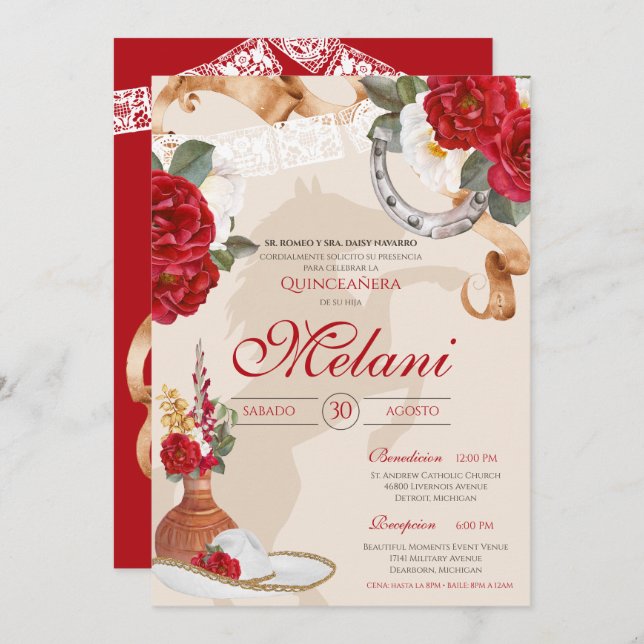 Red Beige Elegant Rose Charro Mariachi Quinceanera Invitation (Front/Back)