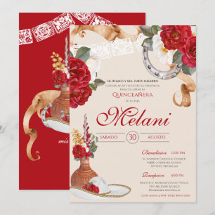 Red Beige Elegant Rose Charro Mariachi Quinceanera Invitation
