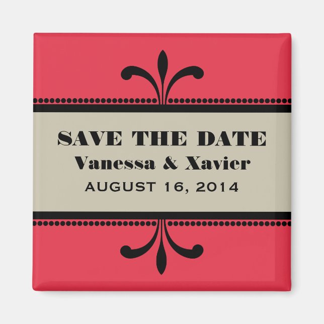 Red/Beige Fancy Art Deco Save the Date Magnet (Front)