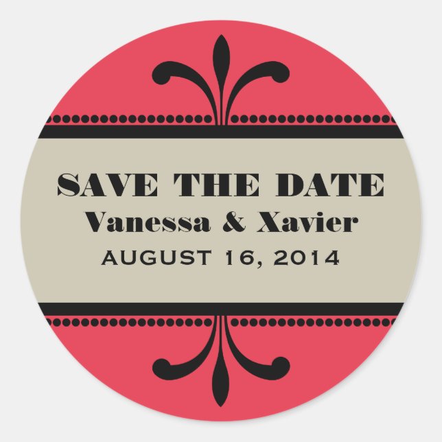Red/Beige Fancy Art Deco Save the Date Stickers (Front)
